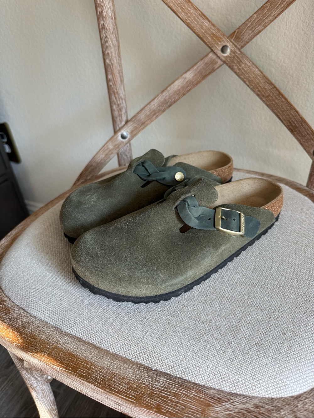 Birkenstock Olive Suede Braided Strap Clogs - Picture 2 of 8